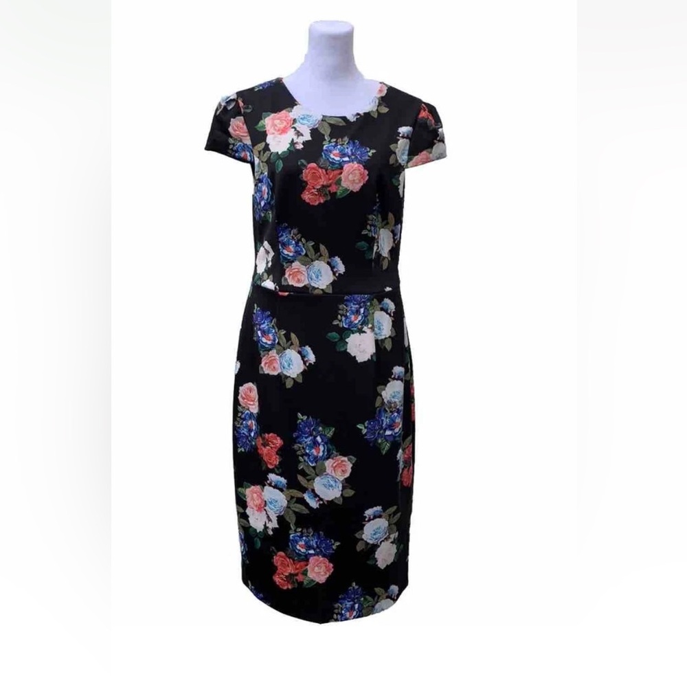 Betsy Johnson Sze 8 Dress Floral Black Short Sleeves Sheath Dress